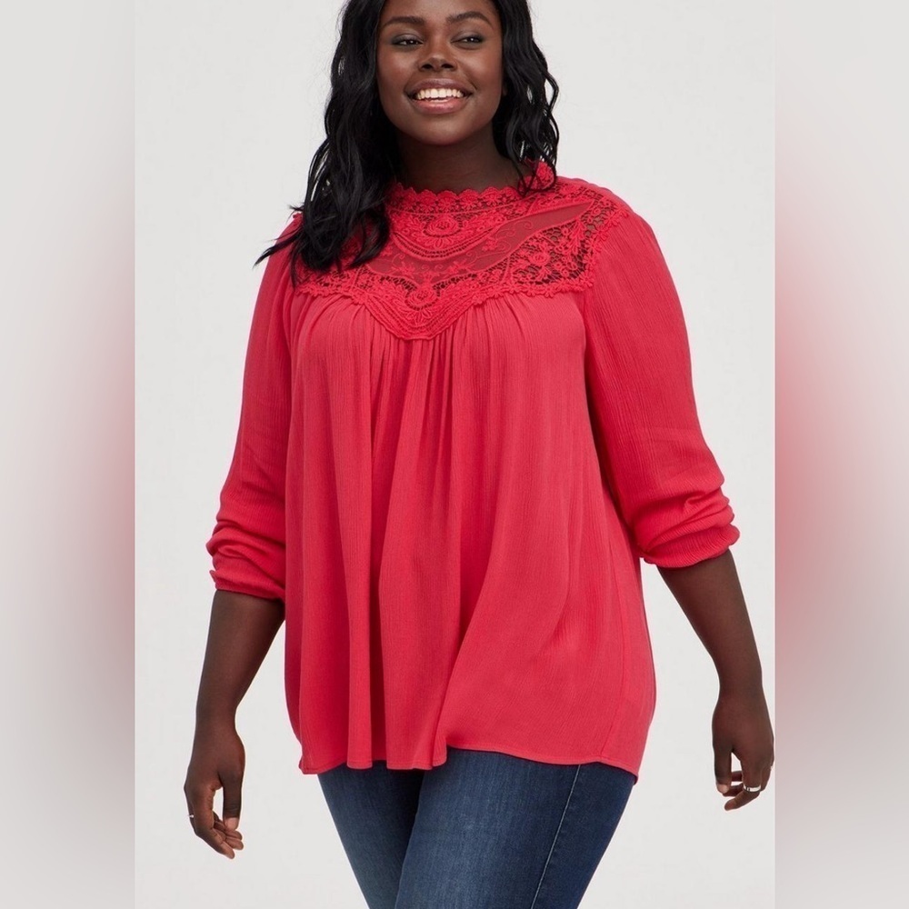 TORRID Sz 2 (vanity) High Neck Lace Neckline Balloon Sleeve Flowy Blouse NEW